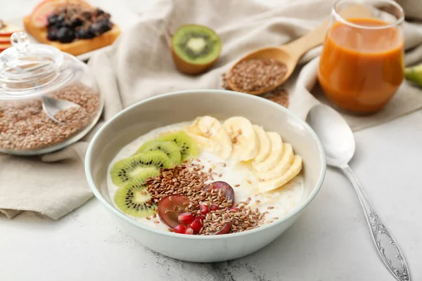 Tasty Yoghurt Fruits Flax Seeds Bowl Table — Stock Photo, Image