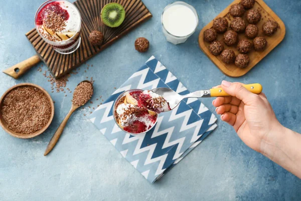 Eating Tasty Dessert Flax Seeds Yoghurt Glass — Stock Photo, Image