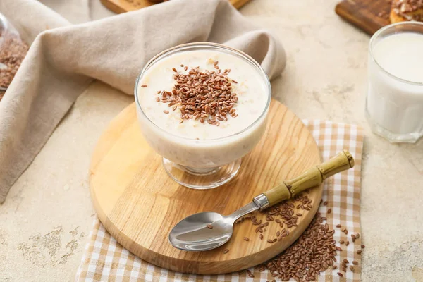 Tasty Dessert Flax Seeds Yoghurt Glass Table — Stock Photo, Image