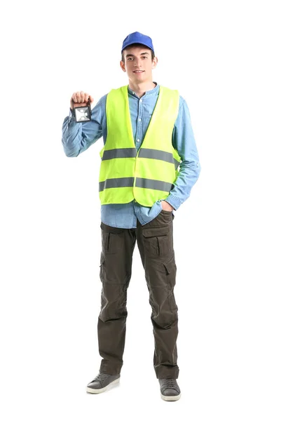 Jovem Trabalhador Masculino Com Lanterna Fundo Branco — Fotografia de Stock