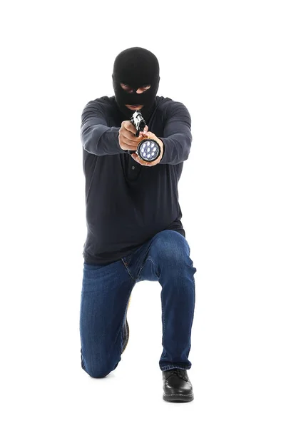 Male Criminal Flashlight Gun White Background — Stock Photo, Image