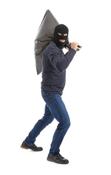 Male Burglar Flashlight Bag White Background — Stock Photo, Image