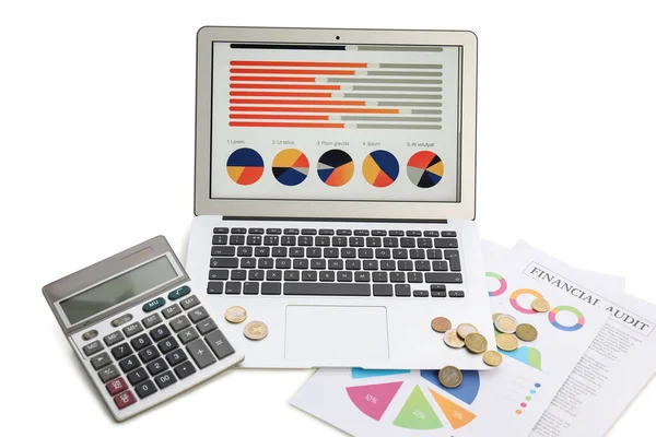 Laptop Charts Calculator Coins White Background — Stock Photo, Image