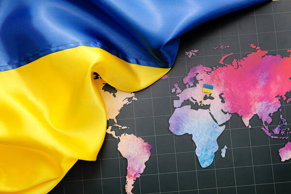 Flags of Ukraine on world map