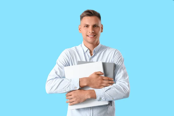 Young Man Folders Color Background — Stock Photo, Image
