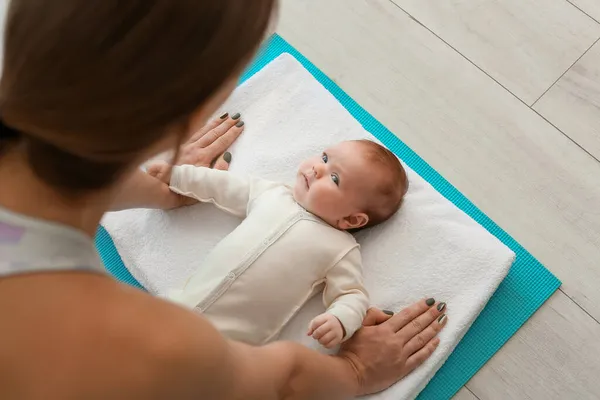 Young Pregnant Woman Practicing Yoga Her Little Baby Gym — Stock Photo, Image