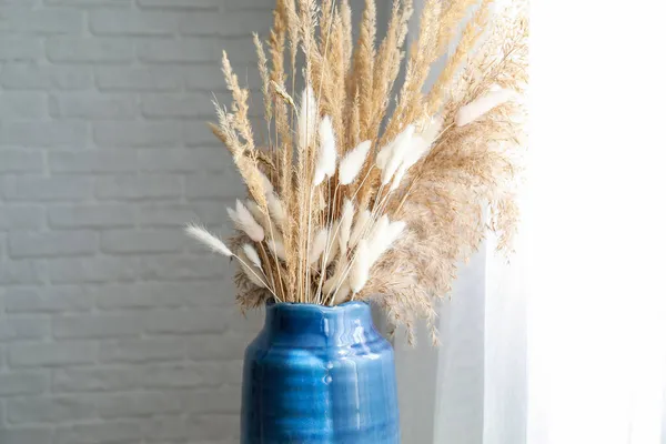 Blue Vase Pampas Grass Light Curtains — Stock Photo, Image