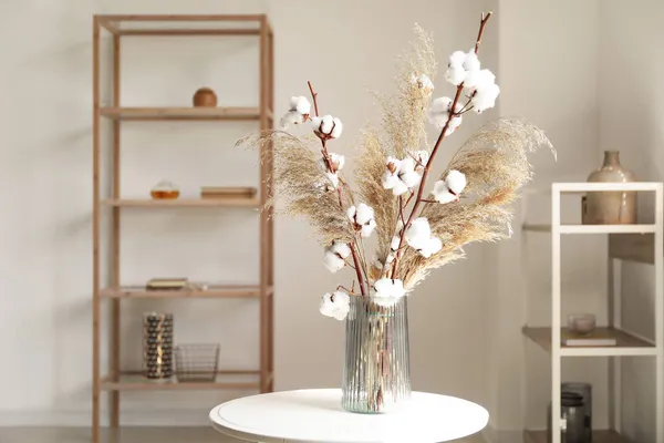 Vase Pampas Grass Cotton Branches Table Room — Stock Photo, Image