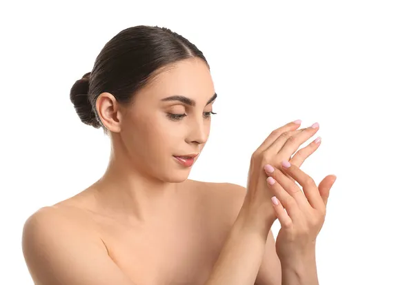 Mujer Aplicando Aceite Esencial Natural Las Manos Sobre Fondo Blanco — Foto de Stock