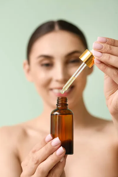 Woman Opening Bottle Essential Oil Closeup — Stock Photo, Image