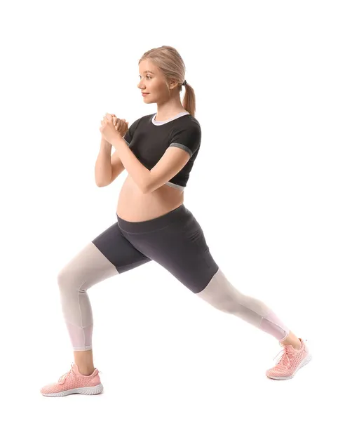Sportliche Junge Schwangere Frau Beim Sport Auf Weißem Hintergrund — Stockfoto