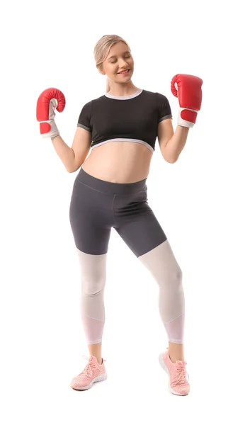 Ung Gravid Kvinna Boxningshandskar Vit Bakgrund — Stockfoto