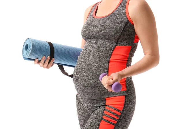 Young Pregnant Woman Yoga Mat Dumbbell White Background — Stock Photo, Image