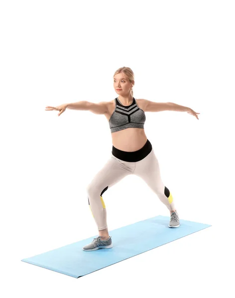 Sporty Giovane Donna Incinta Praticare Yoga Sfondo Bianco — Foto Stock