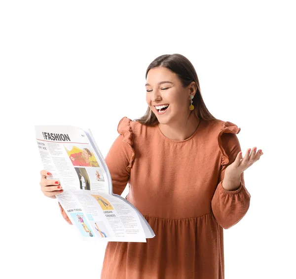 Happy Young Woman Reading Newspaper White Background — Stock Photo, Image