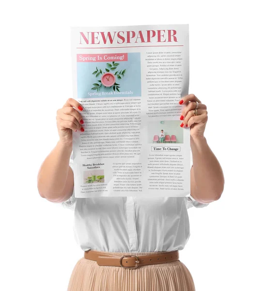 Young Woman Shirt Reading Newspaper White Background — Stock Photo, Image