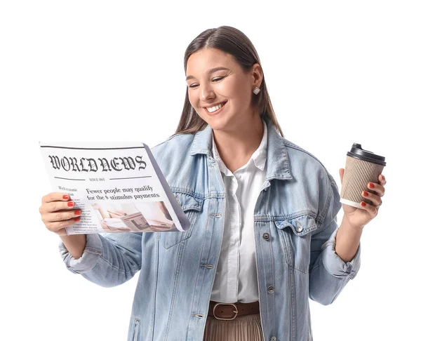 Young Woman Jacket Cup Coffee Reading Newspaper White Background — Stock Photo, Image