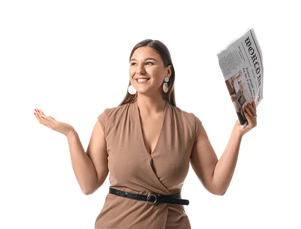 Mujer Negocios Sonriente Con Periódico Sobre Fondo Blanco — Foto de Stock