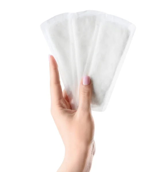 Женская Рука Менструальными Прокладками Белом Фоне — стоковое фото