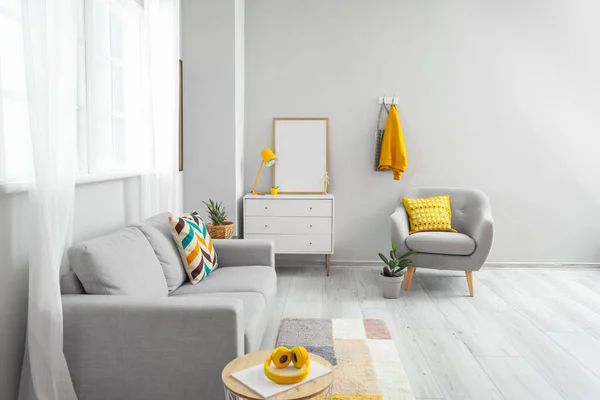 Interior Light Living Room Grey Sofa Chest Drawers Blank Frame — Stock Photo, Image