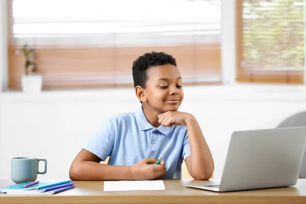 Little African American Boy Studying Online Home — Stock Photo, Image