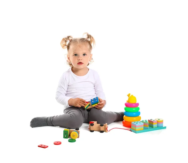 Cute Baby Girl Playing Toys White Background — Stock Photo, Image