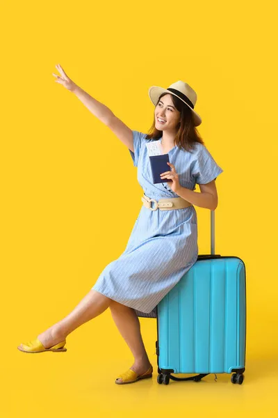 Young Woman Passport Suitcase Color Background — Stock Photo, Image