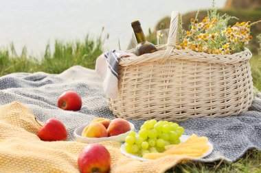 Açık hava pikniği için sepet dolusu lezzetli yiyecek ve içecek.