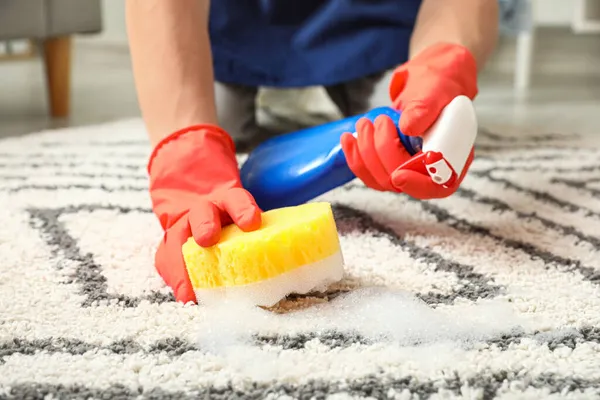 Tappeto Pulizia Giovane Uomo Con Spugna Casa Primo Piano — Foto Stock