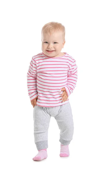 Beyaz Arka Planda Yürümeyi Öğrenen Tatlı Bir Bebek — Stok fotoğraf