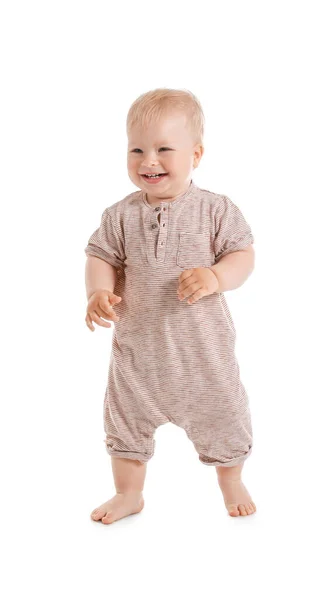 Schattig Baby Meisje Bodysuit Leren Lopen Witte Achtergrond — Stockfoto