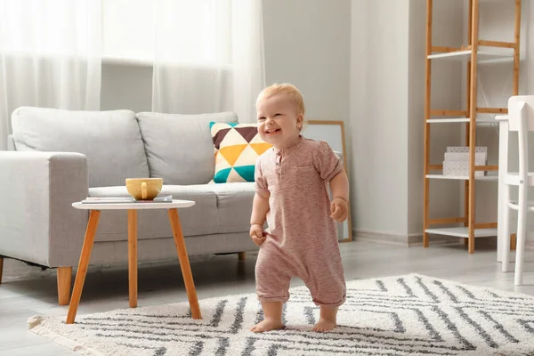 Cute Baby Girl Bodysuit Learning Walk Home — Stock Photo, Image