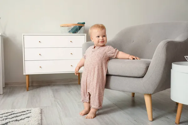 Cute Baby Girl Grey Armchair Home — Stock Photo, Image