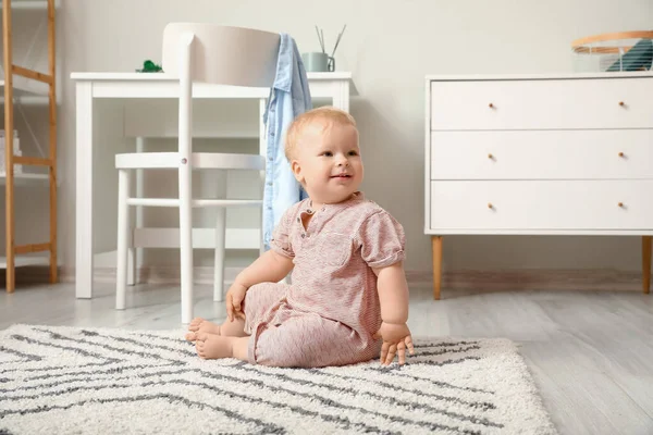 Cute Baby Girl Bodysuit Sitting Floor Home — Stock Photo, Image