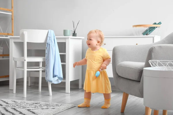 Cute Baby Girl Yellow Dress Toy Learning Walk Home — Stock Photo, Image