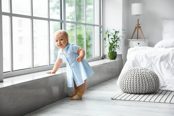 Cute Baby Girl Learning Walk Window Bedroom — Stock Photo, Image