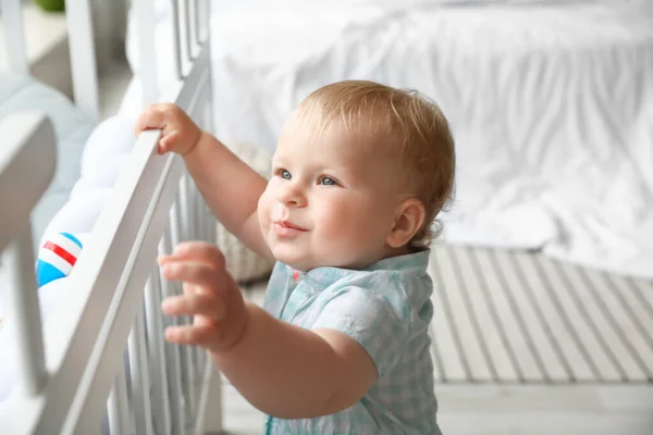 Adorable Baby Girl Checkered Dress Learning Walk Crib Closeup — Stock Photo, Image