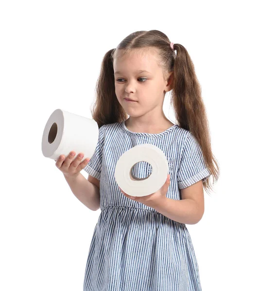 Thoughtful Little Girl Toilet Paper White Background — Stock Photo, Image