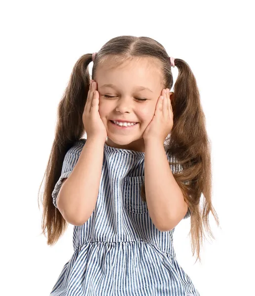 Πορτρέτο Του Πολύ Χαρούμενος Κοριτσάκι Λευκό Φόντο — Φωτογραφία Αρχείου