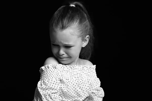 Black White Portrait Crying Little Girl Dark Background — Stock Photo, Image