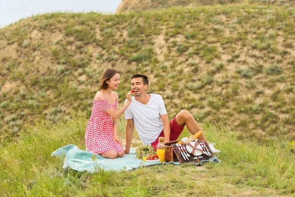 Ευτυχισμένο Νεαρό Ζευγάρι Κάνει Ρομαντικό Πικ Νικ Στα Βουνά — Φωτογραφία Αρχείου