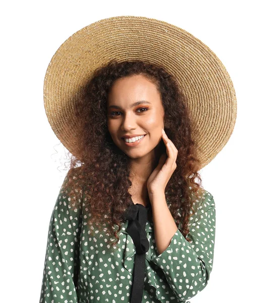 Beautiful African American Woman Stylish Hat White Background — Stock Photo, Image
