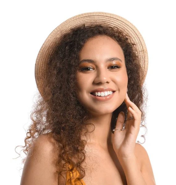 Beautiful African American Woman Stylish Hat White Background — Stock Photo, Image