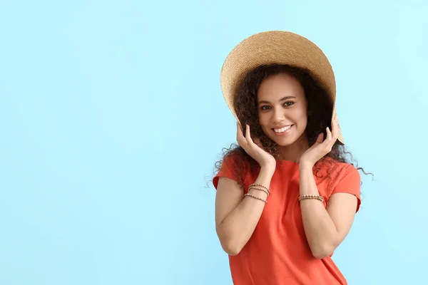 Beautiful African American Woman Broad Brim Hat Color Background — Stock Photo, Image