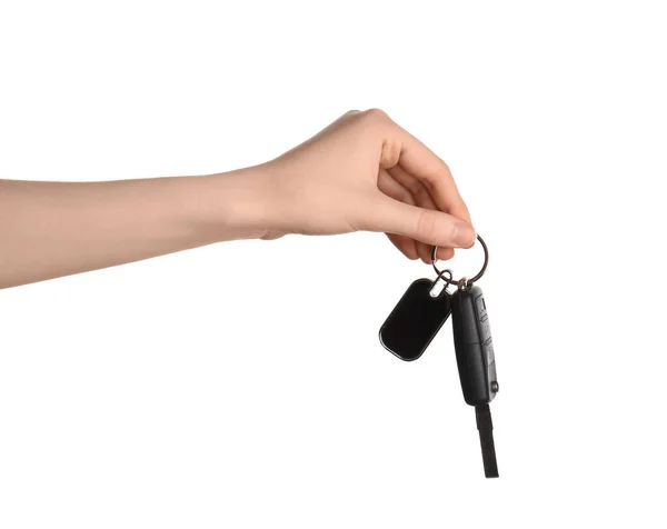 Weibliche Hand Hält Autoschlüssel Mit Schlüsselanhänger Auf Weißem Hintergrund — Stockfoto