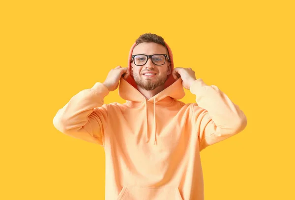 Young Guy Stylish Hoodie Color Background — Stock Photo, Image
