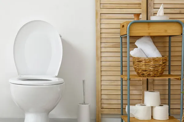 Intérieur Des Toilettes Légères Avec Cuvette Toilette Étagère — Photo