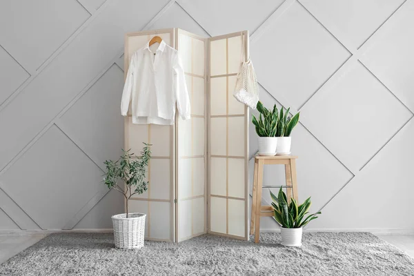 Stylish Folding Screen Houseplants Room Interior — Stock Photo, Image