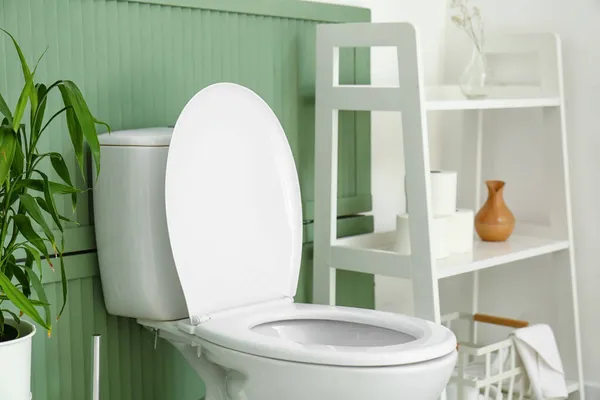 Toilet Mangkuk Dan Unit Rak Dengan Aksesoris Kamar Mandi Dekat — Stok Foto