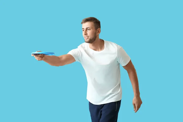 Handsome Young Man Playing Frisbee Blue Background — Stock Photo, Image